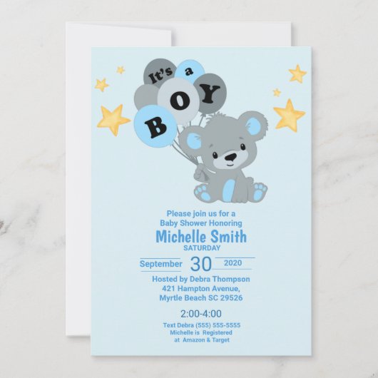 かわいい水色の青が男の子の風船を支える 招待状 (正面)