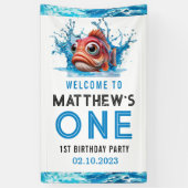 かわいい水色の魚の1歳の誕生日パーティー 横断幕 (縦)