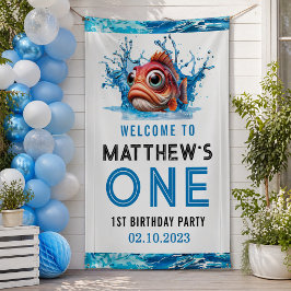 かわいい水色の魚の1歳の誕生日パーティー 横断幕