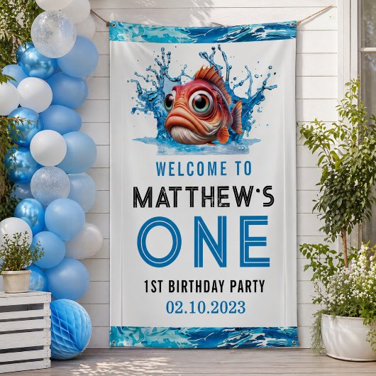 かわいい水色の魚の1歳の誕生日パーティー 横断幕