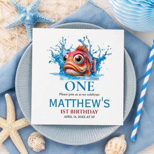 かわいい水色の魚の1歳の誕生日 スタンダードカクテルナプキン