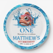 かわいい水色の魚の1歳の誕生日 ペーパープレート (正面)