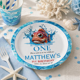 かわいい水色の魚の1歳の誕生日 ペーパープレート