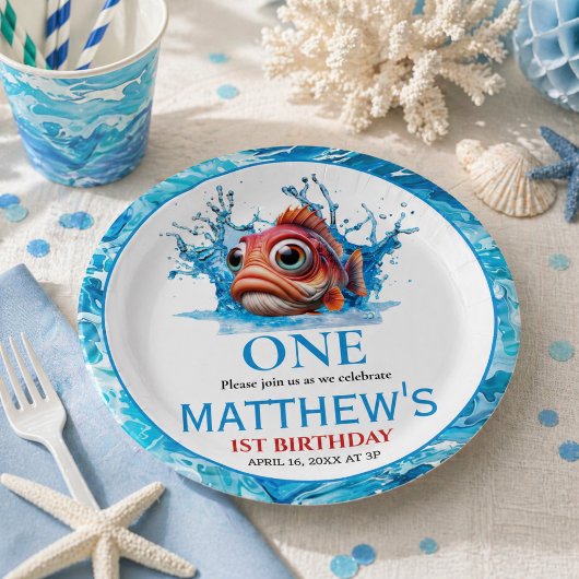 かわいい水色の魚の1歳の誕生日 ペーパープレート