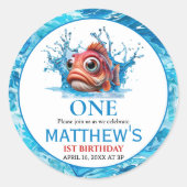 かわいい水色の魚の1歳の誕生日 ラウンドシール (正面)