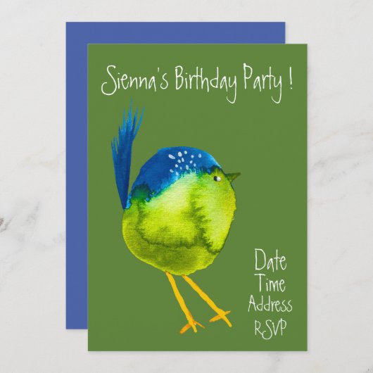 かわいい水色の鳥のカラフル誕生日パーティー 招待状 (正面/裏面)