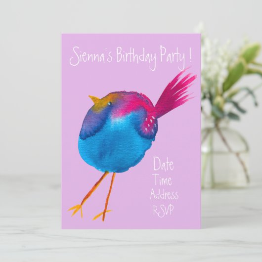 かわいい水色の鳥のカラフル誕生日パーティー 招待状 (スタンド正面)