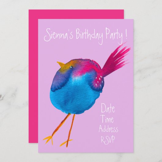 かわいい水色の鳥のカラフル誕生日パーティー 招待状 (正面/裏面)