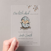 かわいい水色の鳥の赤男女兼用ちゃんシャワー アクリル招待状 (インサイチュ (ポータブル))