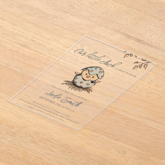 かわいい水色の鳥の赤男女兼用ちゃんシャワー アクリル招待状 (レイダウン)