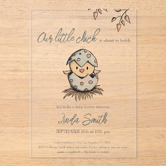 かわいい水色の鳥の赤男女兼用ちゃんシャワー アクリル招待状 (正面)