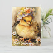 かわいい水色の黄色の小さなチキンとボンネット シーズンカード (スタンド正面)