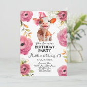 かわいい水色ふくらはぎ牛誕生日ピンク花模様 招待状 (スタンド正面)
