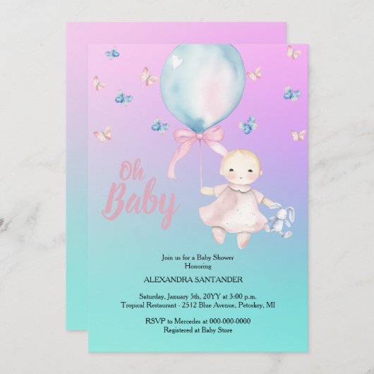 かわいい水色アクア&パープルベビーシャワー 招待状 (正面/裏面)