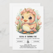 かわいい水色アヒル誕生日 招待状 (正面/裏面)