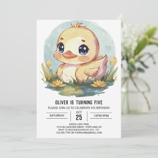 かわいい水色アヒル誕生日 招待状 (スタンド正面)