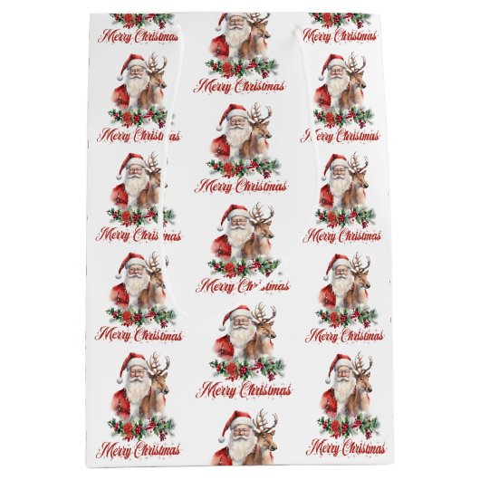 かわいい水色イラストレーションアットサンタトナカイ ミディアムペーパーバッグ (正面)