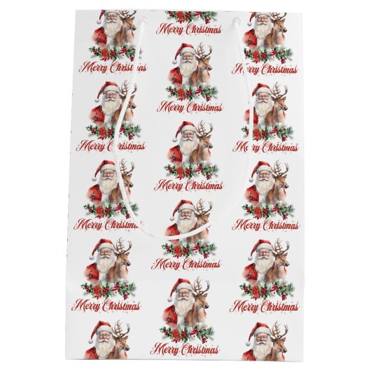 かわいい水色イラストレーションアットサンタトナカイ ミディアムペーパーバッグ (裏面)