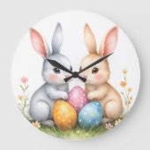 かわいい水色イースターバニーかわいいウサギ ラージ壁時計 (正面)