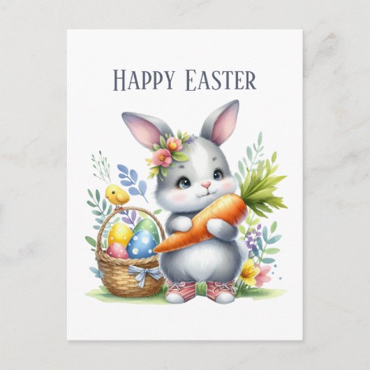 かわいい水色イースターバニーメッセージ ポストカード (正面)