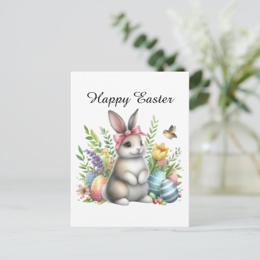 かわいい水色イースターバニー卵メッセージを追加 シーズンポストカード (スタンド正面)