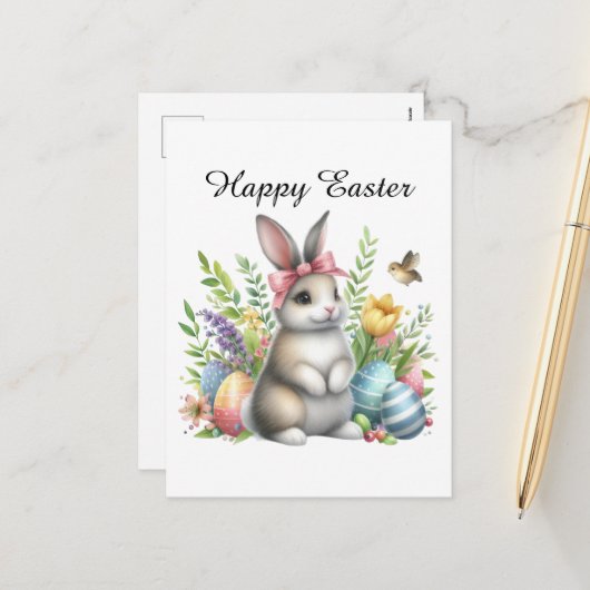 かわいい水色イースターバニー卵メッセージを追加 シーズンポストカード (正面/裏面インサイチュ)