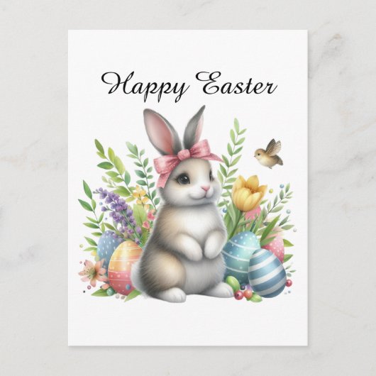 かわいい水色イースターバニー卵メッセージを追加 シーズンポストカード (正面)