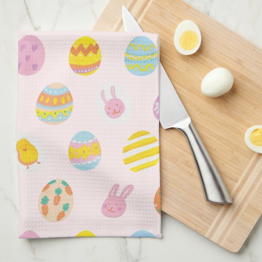 かわいい水色イースター絵を描卵パターンピンク キッチンタオル (四つ折り)