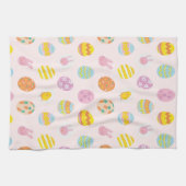かわいい水色イースター絵を描卵パターンピンク キッチンタオル (横)