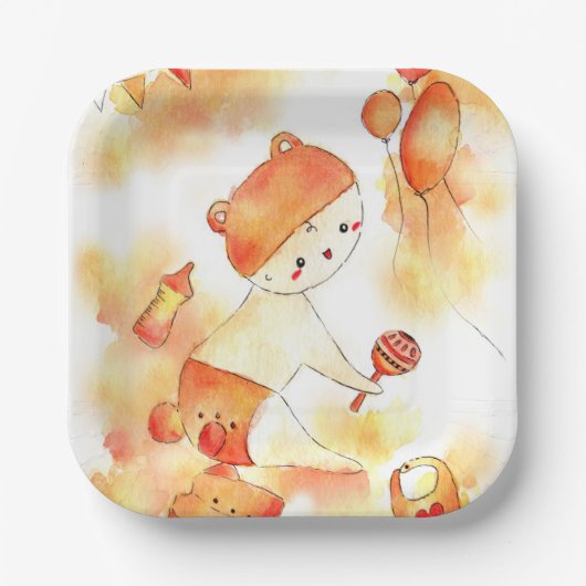 かわいい水色オレンジベア&トイベビーシャワーパップ ペーパープレート (正面)