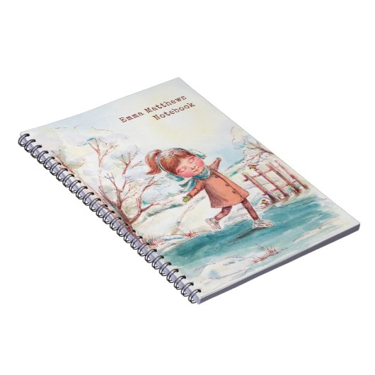 かわいい水色ガールアイススケートで滑るパーソナライズされた名 ノートブック (右側)