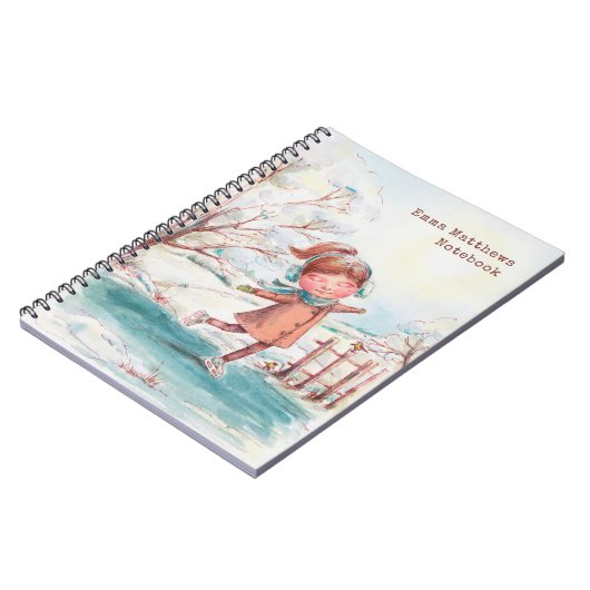 かわいい水色ガールアイススケートで滑るパーソナライズされた名 ノートブック (左側)
