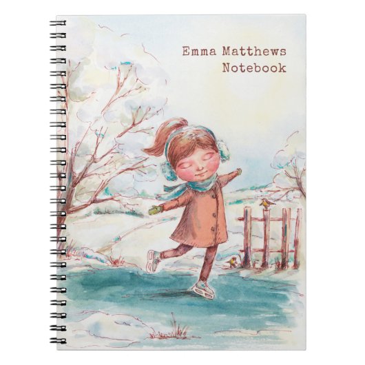 かわいい水色ガールアイススケートで滑るパーソナライズされた名 ノートブック (正面)