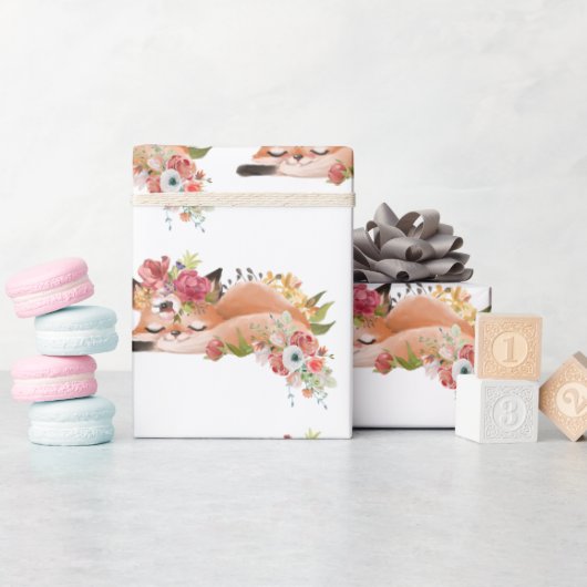 かわいい水色キツネ ラッピングペーパー (ベビーシャワー)