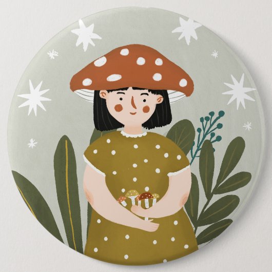 かわいい水色キノコの女の子ボタン 缶バッジ (正面)