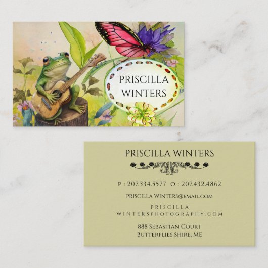 かわいい水色ギターフロッグバタフライグリーン 名刺 (正面/裏面)