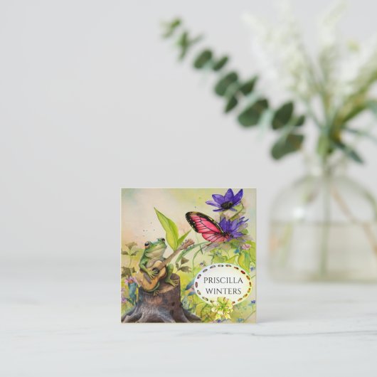 かわいい水色ギターフロッグバタフライ スクエア名刺 (スタンド正面)