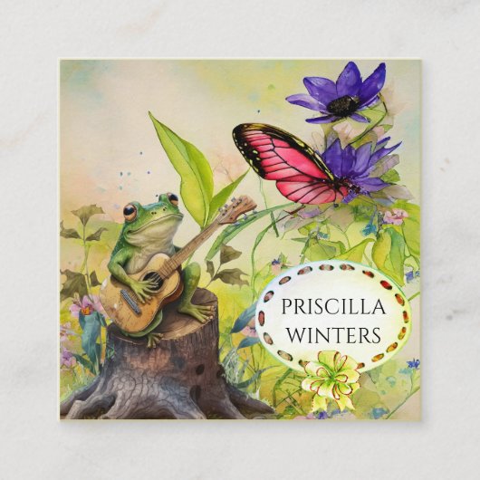かわいい水色ギターフロッグバタフライ スクエア名刺 (正面)