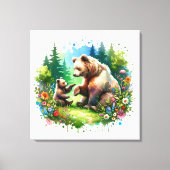 かわいい水色クマとかわいい子 キャンバスプリント (正面)