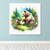 かわいい水色クマとかわいい子 キャンバスプリント (インサイチュ (ウッドフロア))
