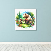 かわいい水色クマとかわいい子 キャンバスプリント (インサイチュ (ウッドフロア))