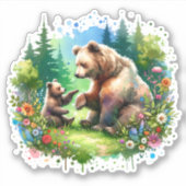 かわいい水色クマとかわいい子 シール (正面)