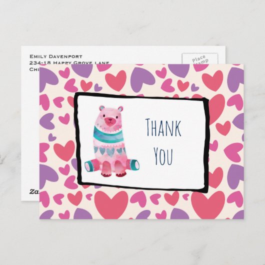 かわいい水色クマのハート柄ありがとう ポストカード (正面/裏面)