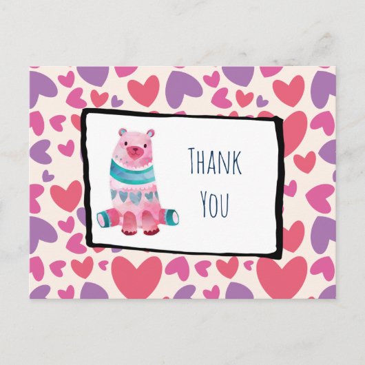 かわいい水色クマのハート柄ありがとう ポストカード (正面)