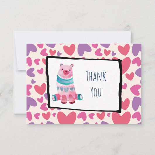 かわいい水色クマのハート柄ありがとう 招待状 (正面)