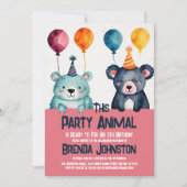 かわいい水色クマ女子バースデーパーティー動物 招待状 (正面)