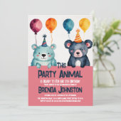 かわいい水色クマ女子バースデーパーティー動物 招待状 (スタンド正面)