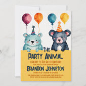 かわいい水色クマ少年の誕生日パーティー動物 招待状 (正面)