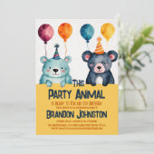 かわいい水色クマ少年の誕生日パーティー動物 招待状 (スタンド正面)