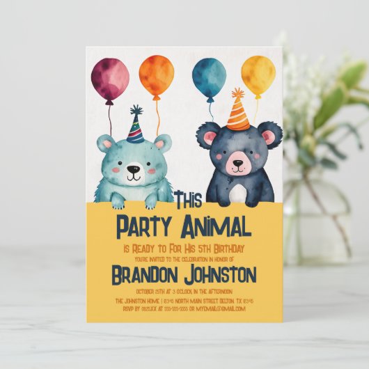 かわいい水色クマ少年の誕生日パーティー動物 招待状 (スタンド正面)